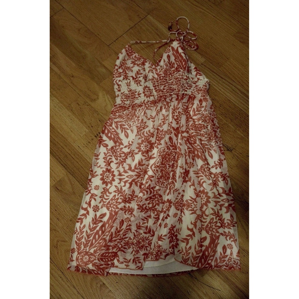 Sole Mio Women's S Floral Halter Sundress Smocked Tie Short White Orange